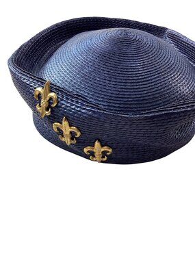 Vintage Navy Blue Woven Hat With Gold Fleur-De-Lis Accents Retro Boater Style